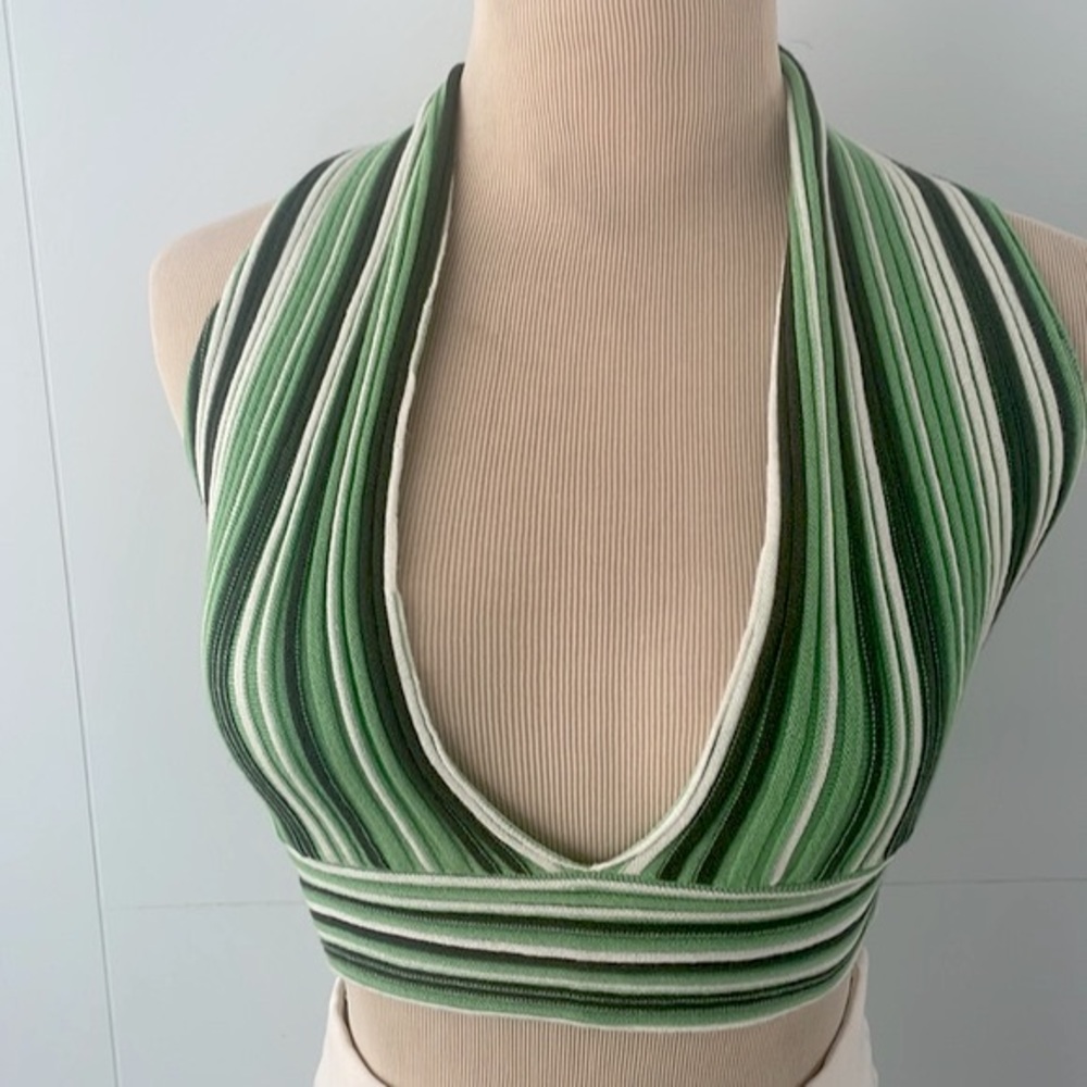Green and white cropped halter top/over neck tie back